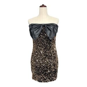 NWT Thirty/Thirty Glamorous Black Gold Strapless Sequin Dress Bow Detail 0238